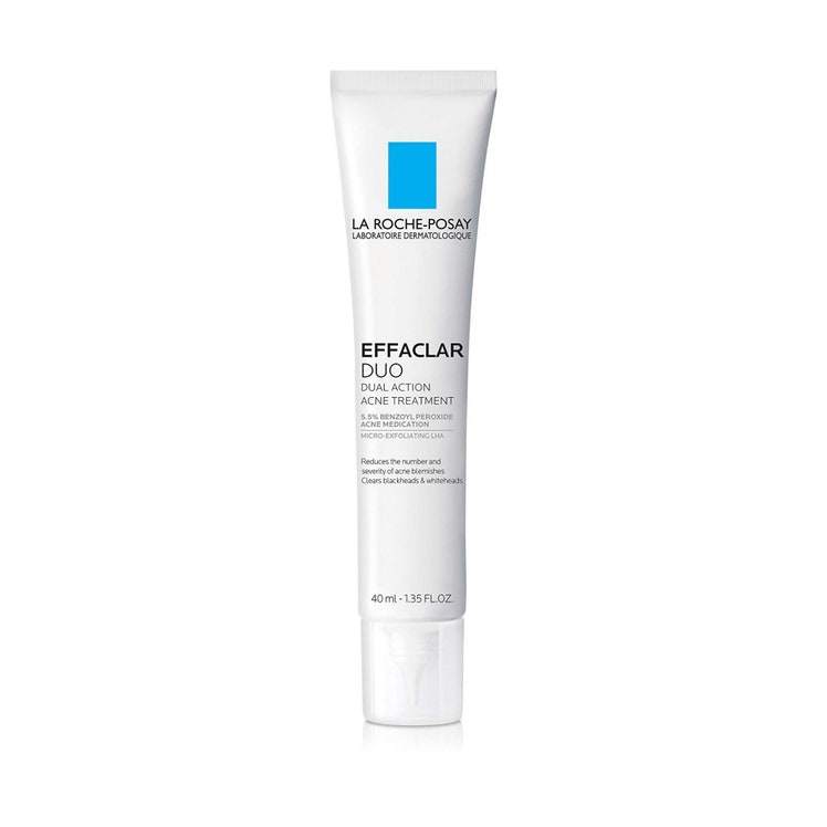 White tube of La Roche-Posay Effaclar Duo Dual Acne Treatment on a white background