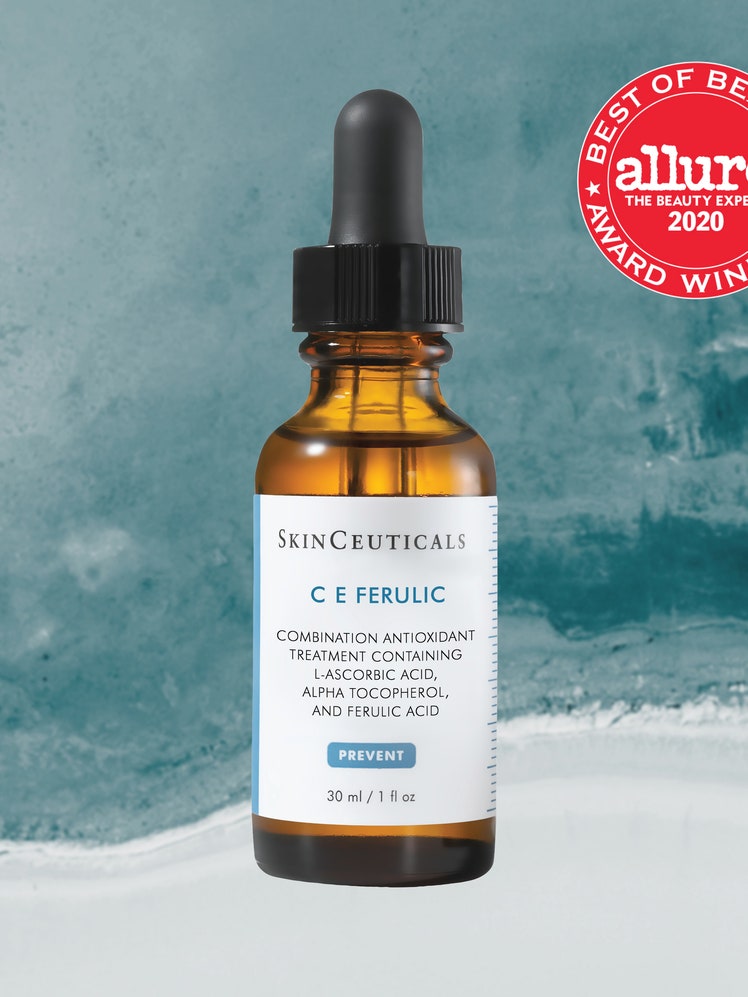 A bottle of Skinceuticals CE Ferulic Serum on a ocean blue background