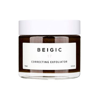 Tub of Beigic Correcting Exfoliator against a white background