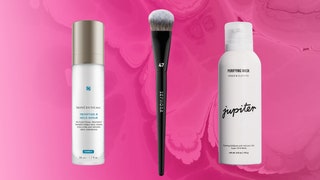 SkinCeuticals TripeptideR Neck Repair sephora collection foundation brush 47 and jupiter purifying mask on pink background