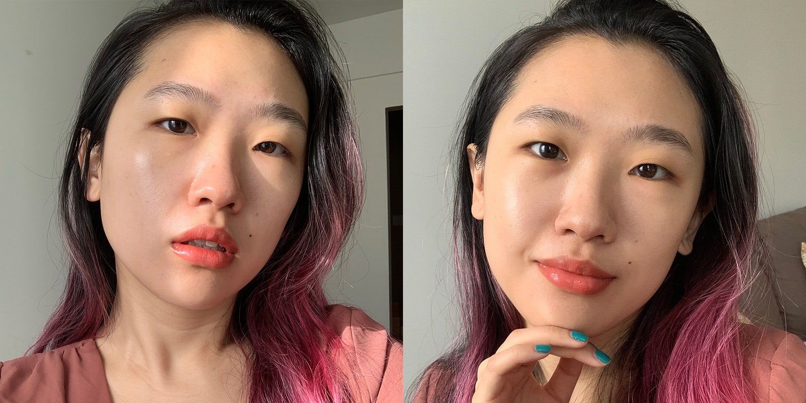 Two selfies of Allure's Sarah Han wearing the Glow Recipe Watermelon Glow Niacinamide Dew Drops on her bare face and...
