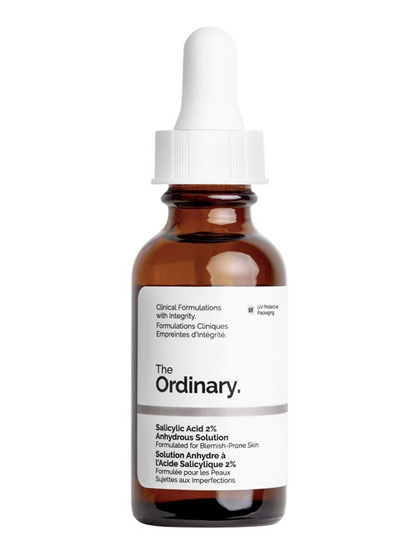 A brown vial of the The Ordinary Salicylic Acid 2% Anhydrous Solution on a white background