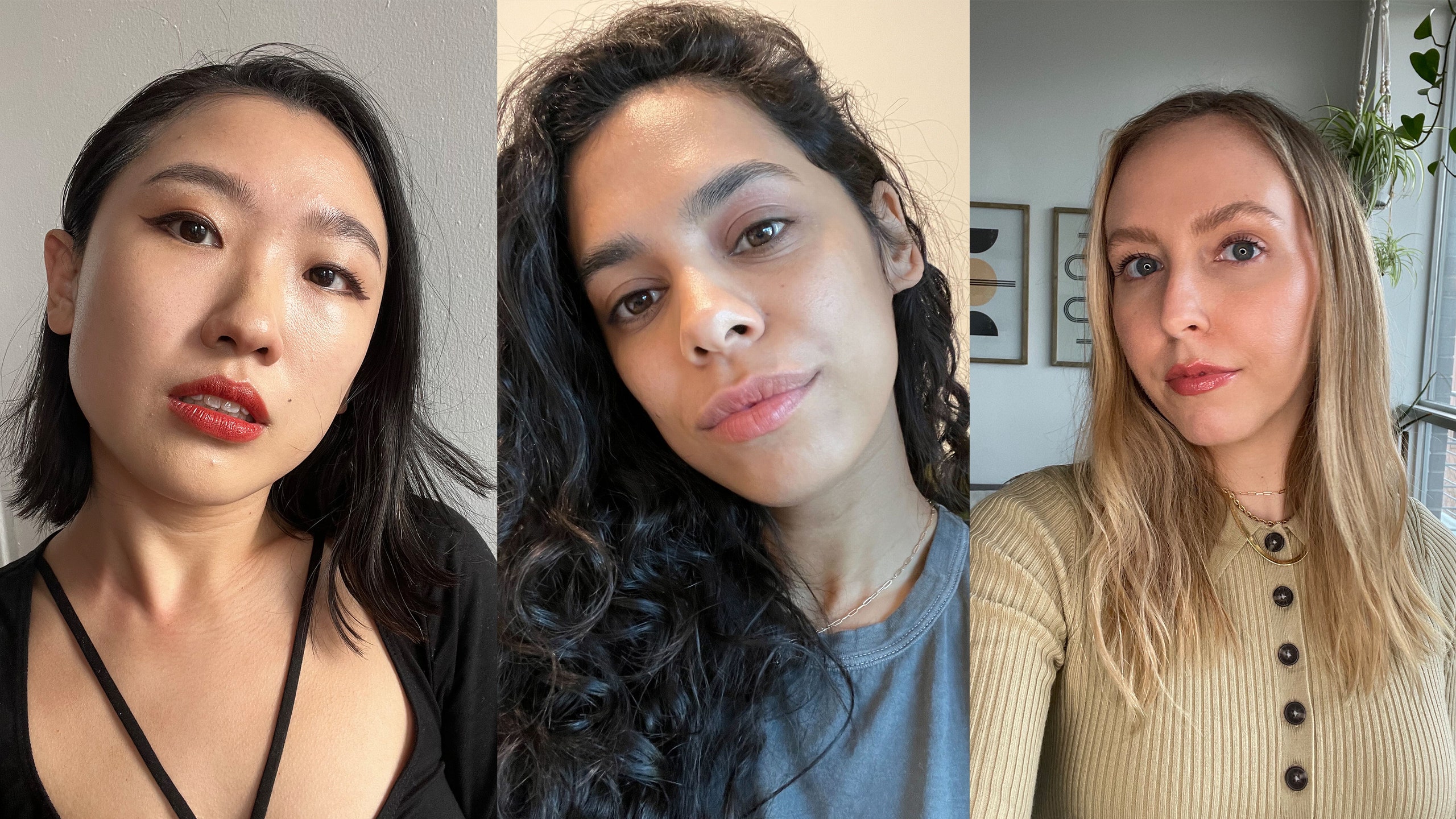 A triptych of Allure editors' selfies Sarah Han Shanna Shipin and Sarah Kinonen wearing Glow Recipe Watermelon Glow...