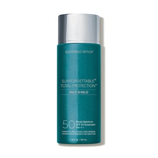 Colorescience Sunforgettable Total Protection Face Shield teal bottle with silver cap on white background