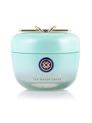 Tatcha The Water Cream light blue jar of face cream on white background