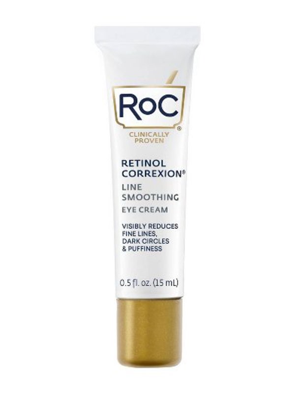 A white and gold tube of the RoC Retinol Correxion Eye Cream on a white background