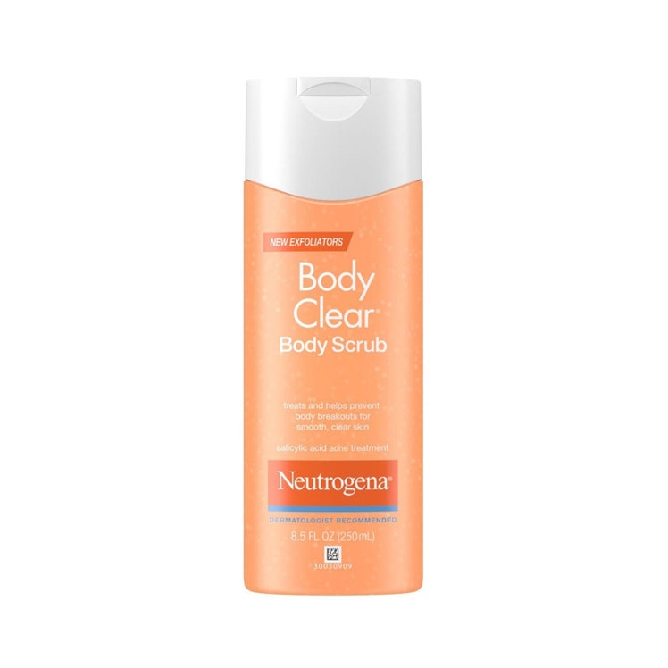 Neutrogena Body Clear Body Scrub orange bottle with white cap on white background