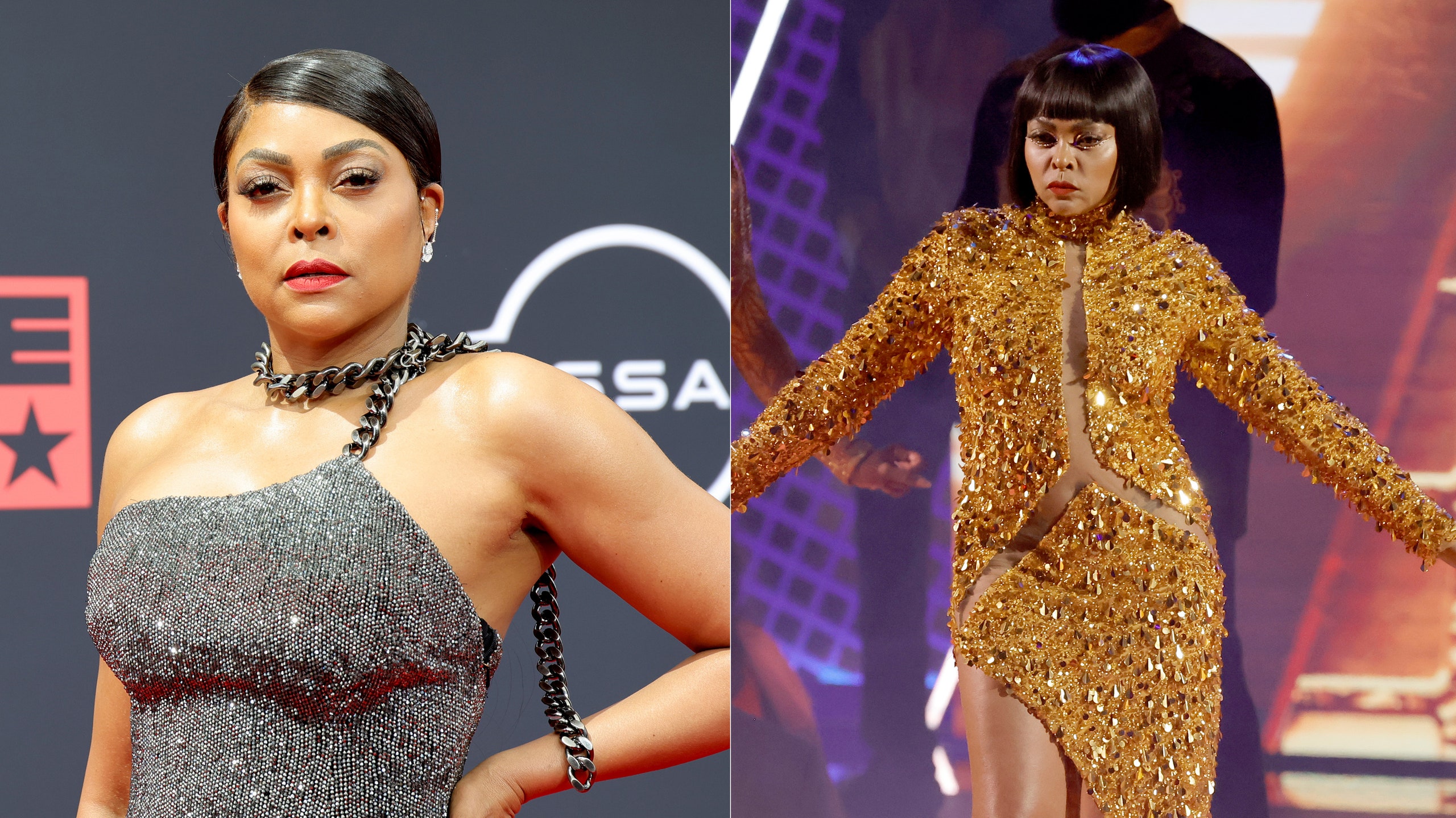 side by side photo of taraji p henson on the red carpet and performing at the 2022 bet awards