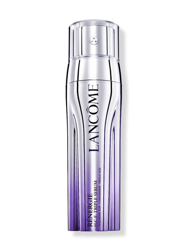 A vial with a purple-to-silver gradient pattern of the Lancôme Rénergie H.C.F. Triple Serum on a white background