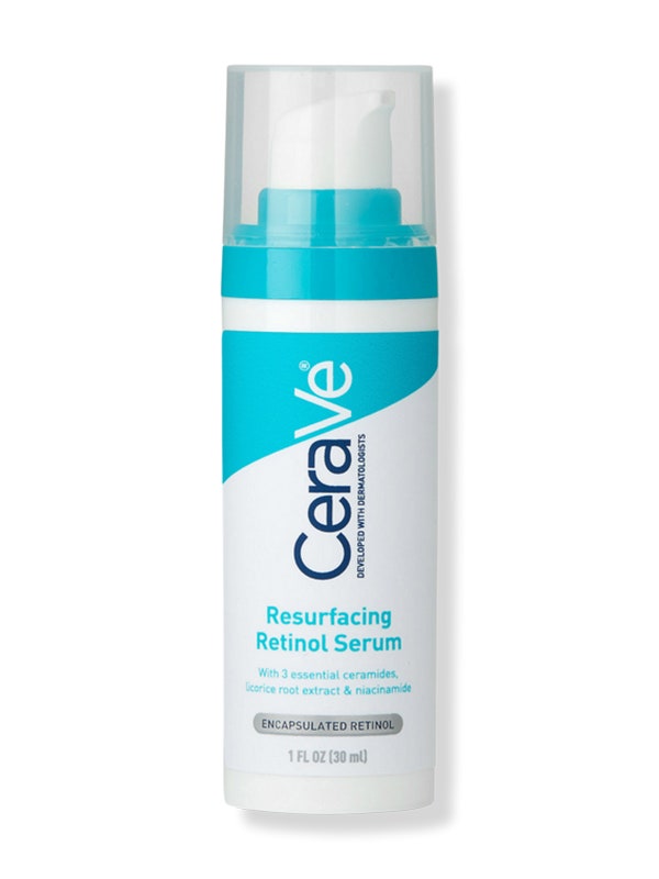 A blue and white pump bottle of the CeraVe Resurfacing Retinol Serum on a white background