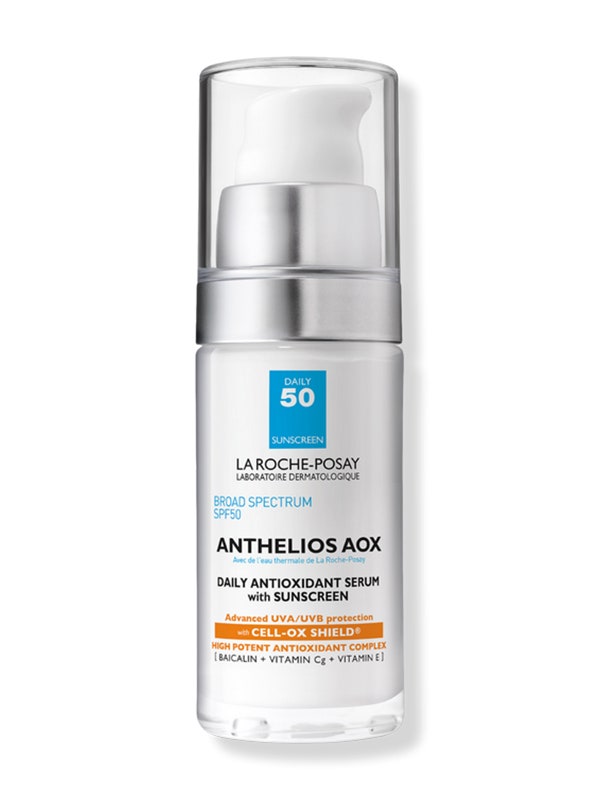 A white pump bottle of the La Roche-Posay Anthelios AOX Daily Antioxidant Face Serum SPF 50 on a white background