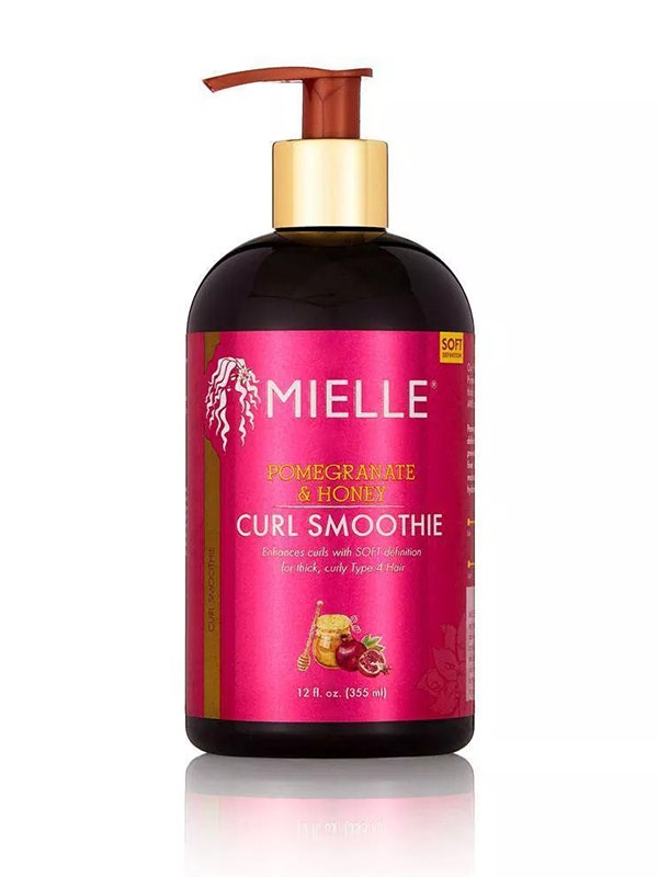 Mielle Organics Pomegranate & Honey Curl Smoothie brown pump bottle with pink label on white background