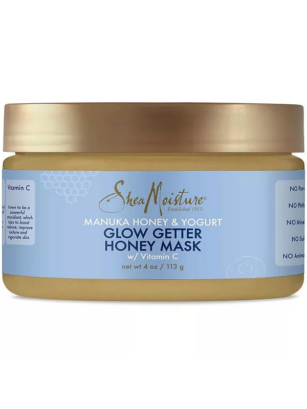 Shea Moisture Manuka Honey and Yogurt Glow Getter Honey Mask gold colored jar with blue label on white background