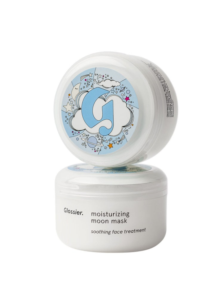 Glossier Moisturizing Moon Mask two white jars with blue designs stacked on white background