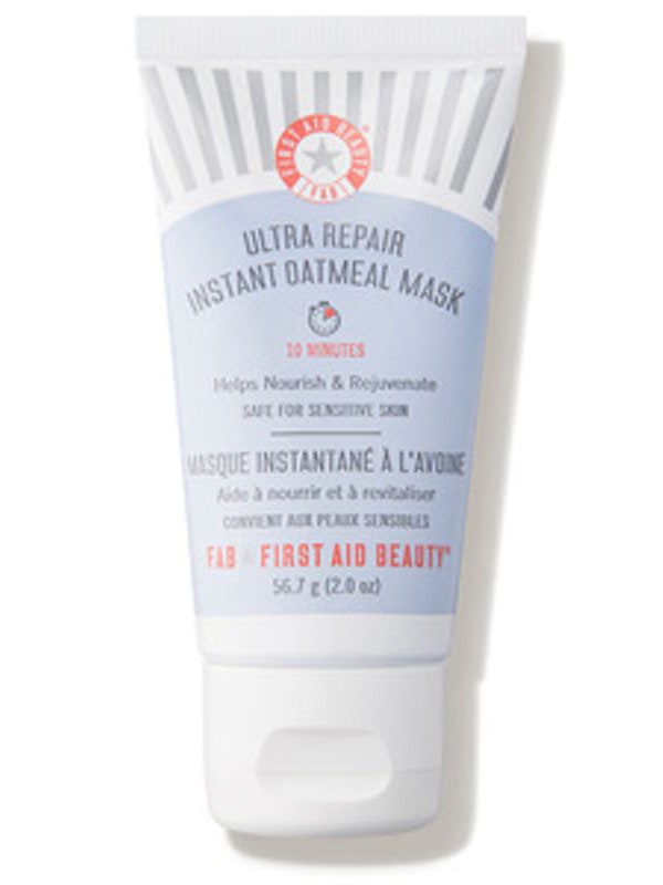 First Aid Beauty Ultra Repair Instant Oatmeal Mask blue and white tube on white background
