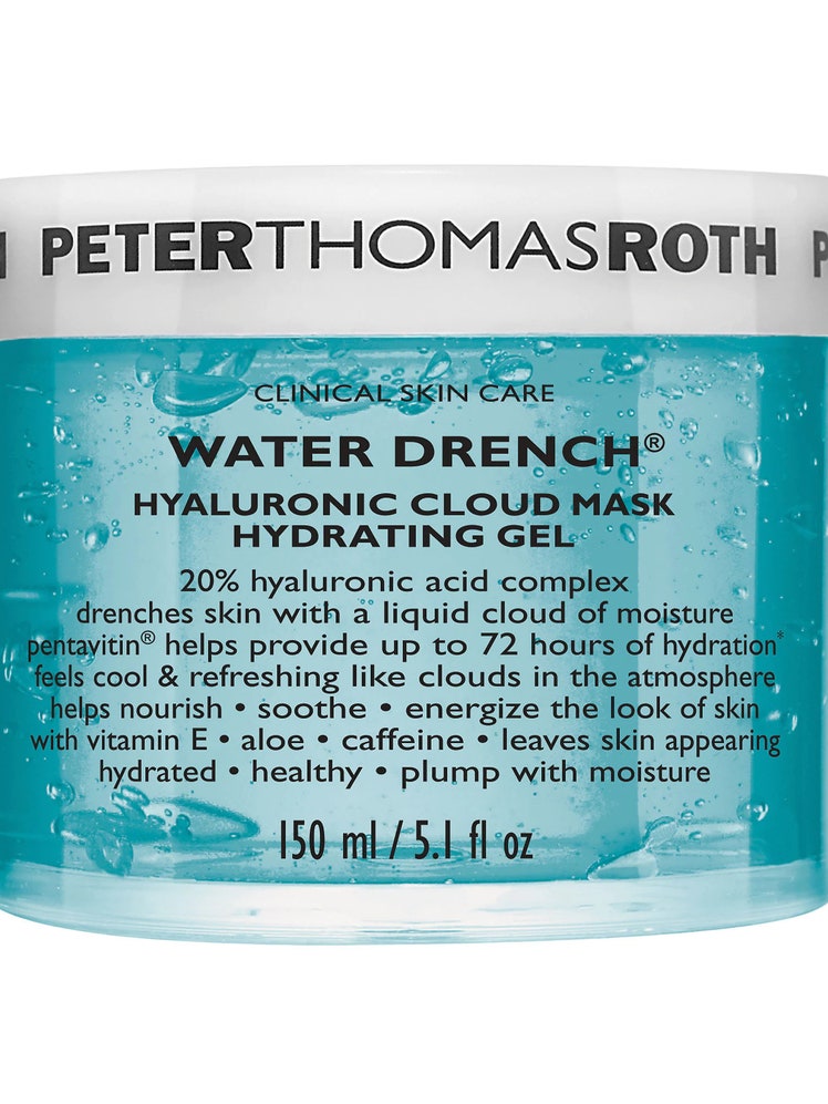 Peter Thomas Roth Water Drench Hyaluronic Cloud Mask Hydrating Gel blue jar with white lid on white background