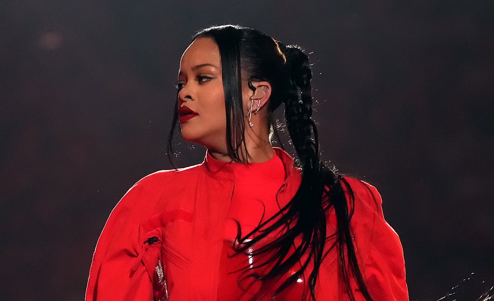 Rihanna performs during the Halftime Show with her hair in a multistrand braided ponytail.