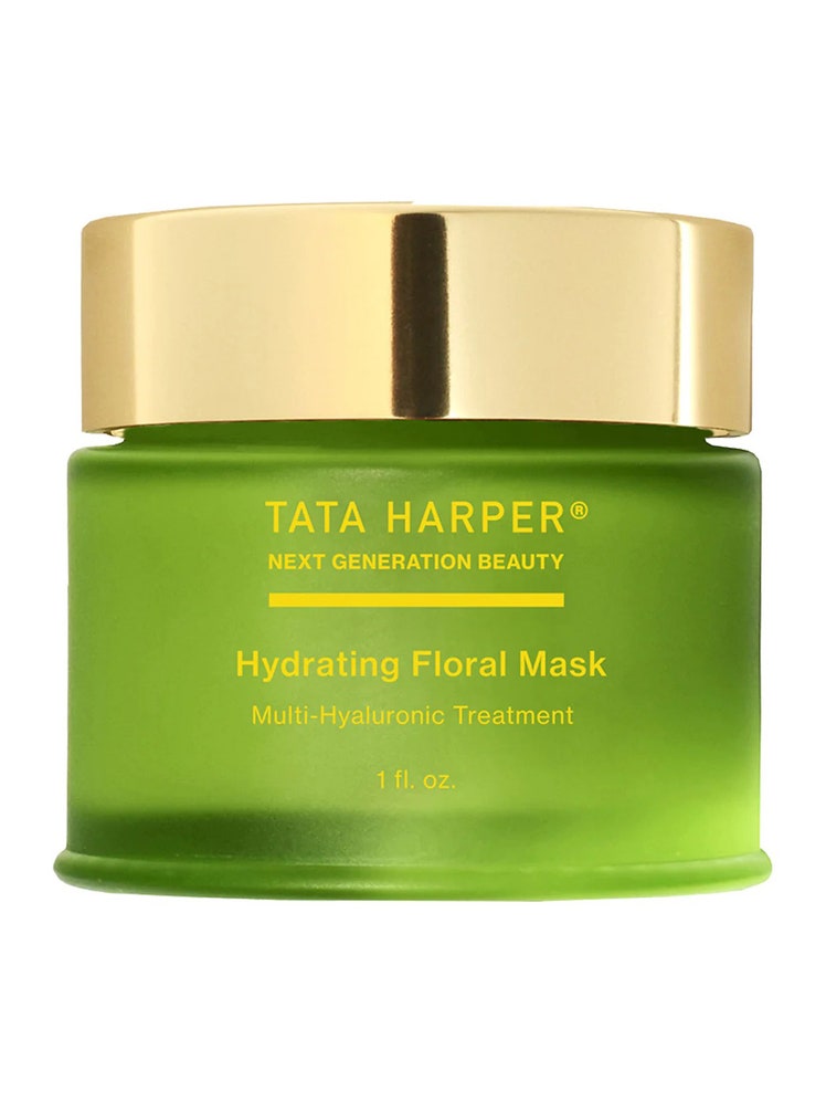 Tata Harper Hydrating Floral Mask green jar with gold lid on white background