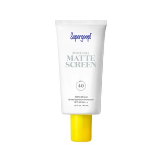 Supergoop Mineral Mattescreen Sunscreen SPF 40 white tube with yellow cap on white background