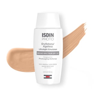 Isdin Eryfotona Actinica Ageless Tinted Mineral Sunscreen SPF 50 white bottle with swipe of tinted sunscreen on white...