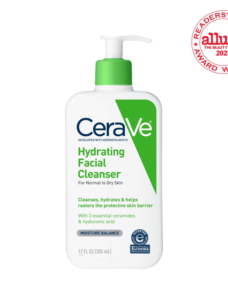 CeraVe Hydrating Facial Cleanser white and green rectangle bottle of face cleanser with pump and white and red RCA seal in the top right corner on white background