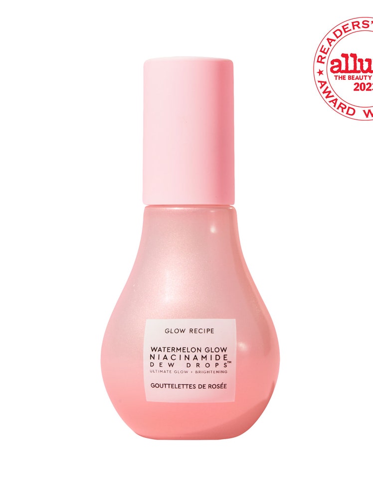 Glow Recipe Watermelon Glow Niacinamide Dew Drops pink teardrop shaped serum bottle with white and red RCA seal in the top right corner on white background