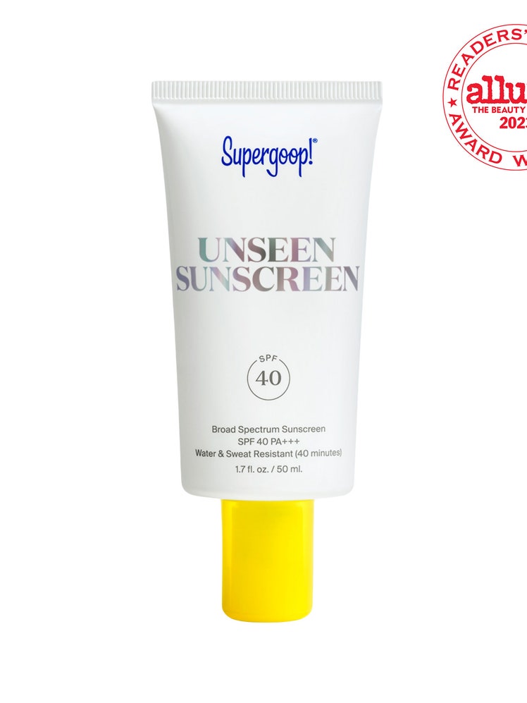 Supergoop Unseen Sunscreen SPF 40 white tube with yellow cap on white background with white and red RCA seal on white background