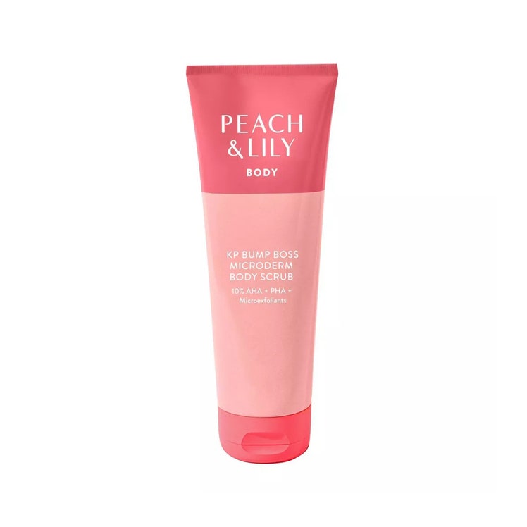 Peach & Lily KP Bump Boss Microderm Body Scrub two tone pink tube on white background