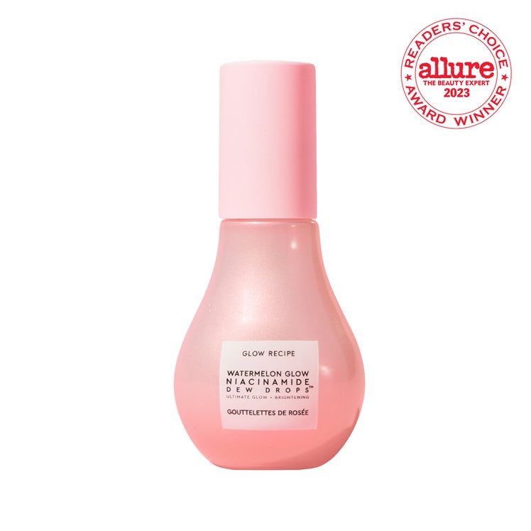 A pink bottle of Glow Recipe Niacinamide Dew Drops on white background with Red Allure Readers' Choice Awards 2023 seal in upper-right corner