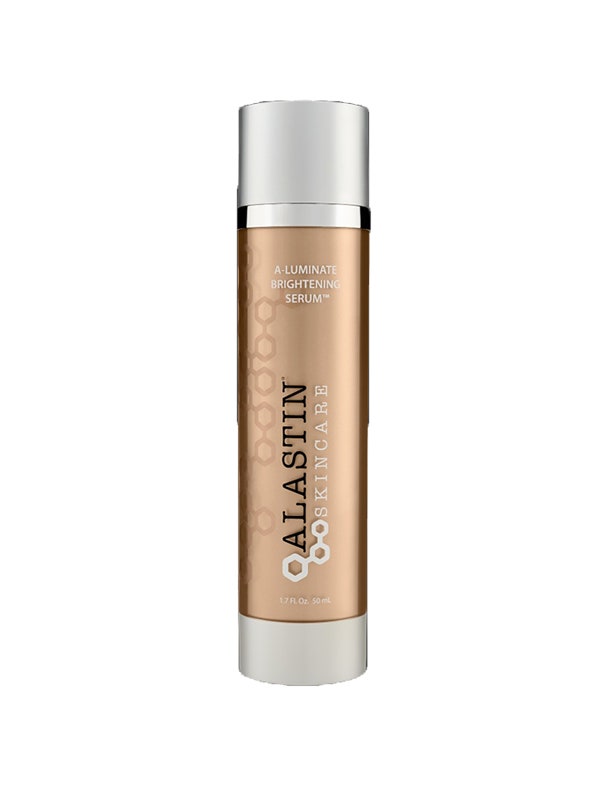 A copper-toned bottle of the Alastin Skincare A-Luminate Brightening Serum on a white background