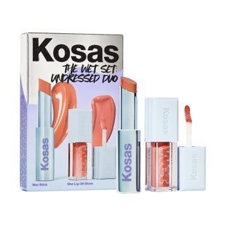 Kosas The Wet Set Undressed Nude Sheer Lipstick  Lip Oil Set peachy lipstick and lip gloss in light blue packaging with...