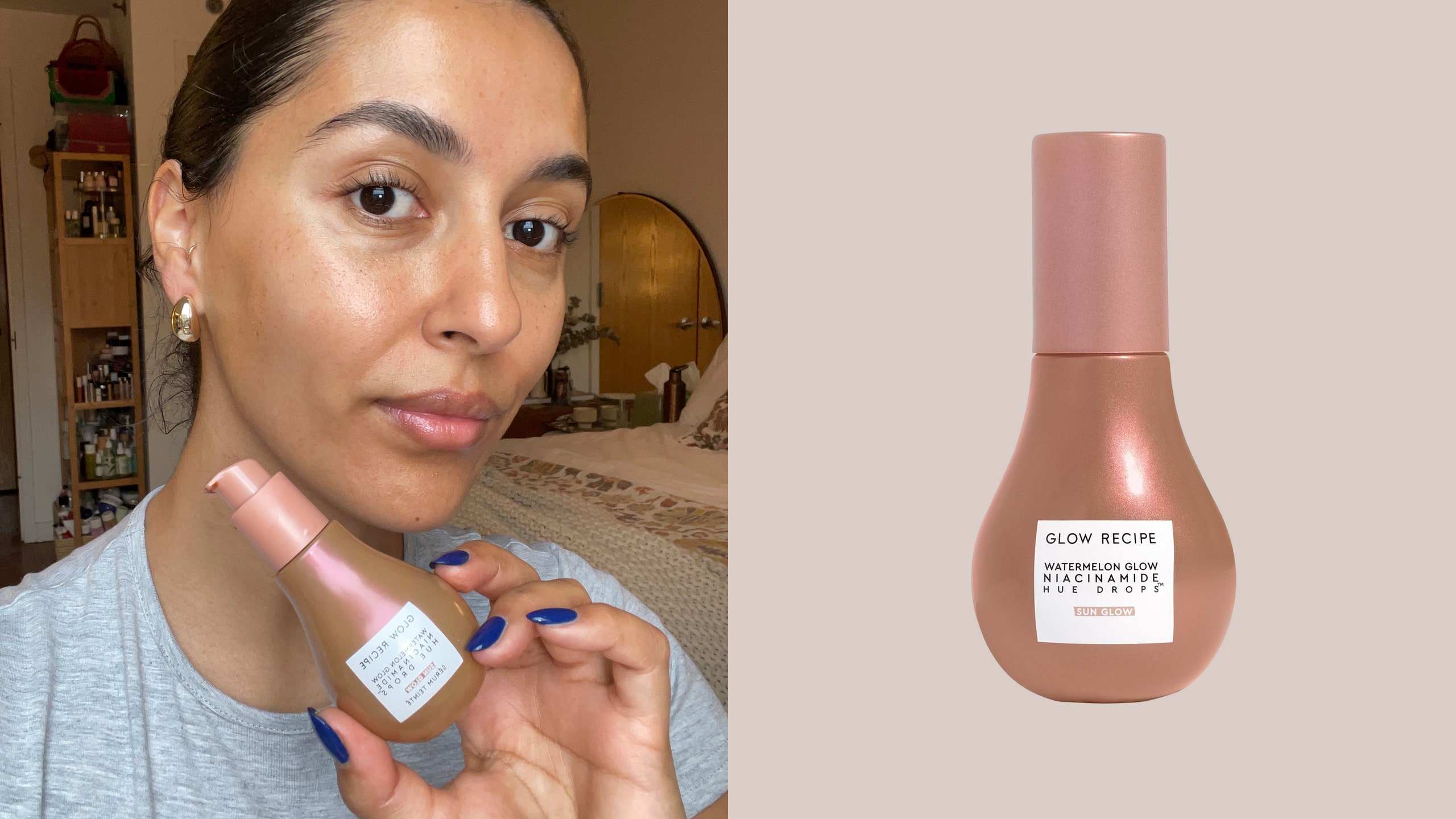 A woman holding a bottle of a bronzed serum next to a close up photo of the bottle on a tan background