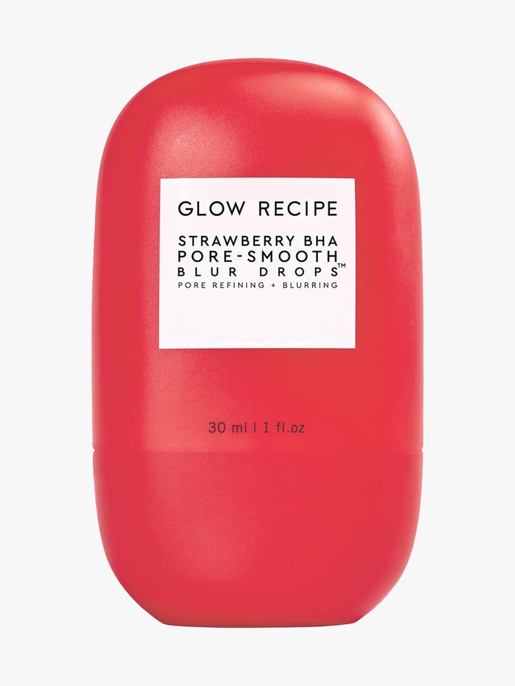 Glow Recipe Strawberry BHA Pore-Smooth Blur Drops Primer red rounded rectangle bottle on light gray background