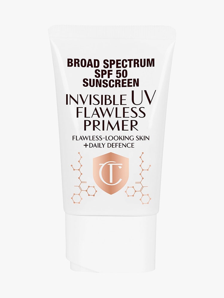 Charlotte Tilbury Invisible UV Flawless Primer SPF 50 flat white tube on light gray background