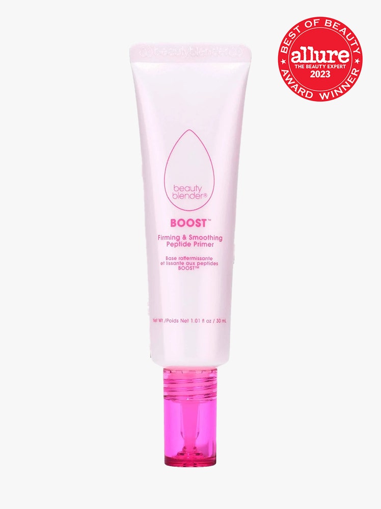 Beautyblender Boost Firming & Smoothing Peptide Primer light pink tube with bright cap on light gray background with red Allure Best of Beauty seal in the top right corner