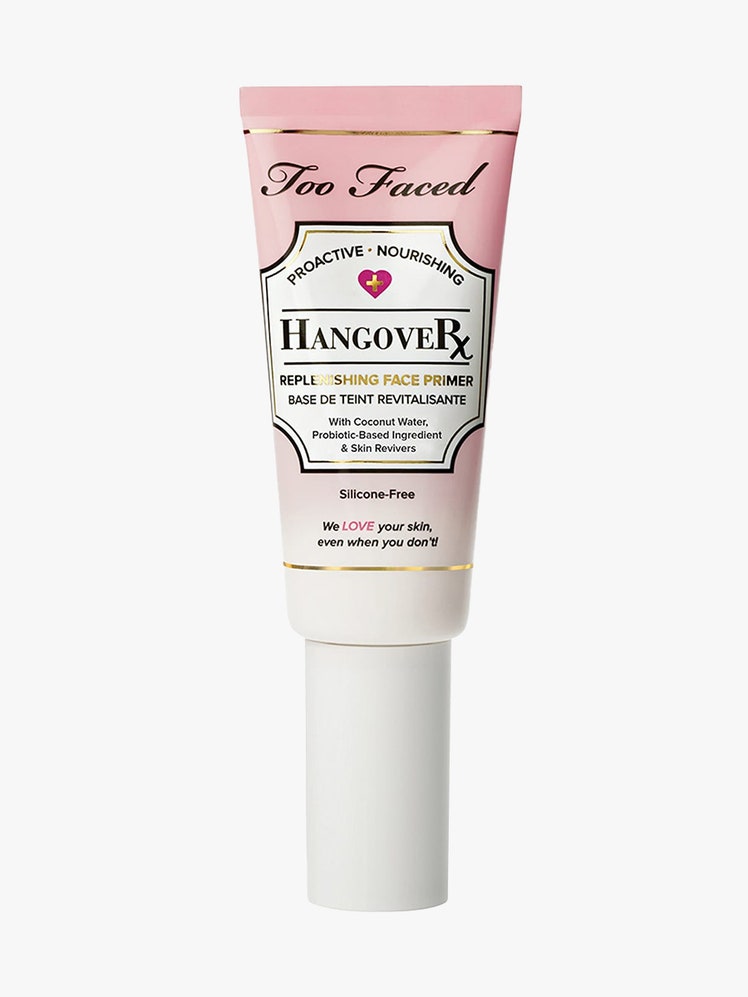 Too Faced Hangover Replenishing Face Primer pink to white gradient tube on light gray background