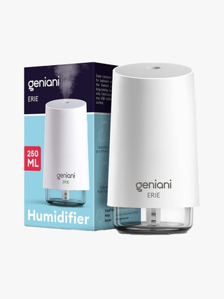 Geniani Portable Small Cool Mist Humidifier white humidifier and blue box on light gray background