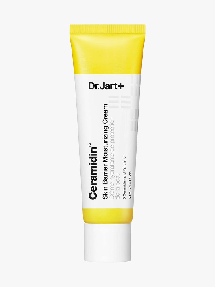 Dr. Jart+ Ceramidin Skin Barrier Moisturizing Cream white and yellow tube of moisturizer on light gray background