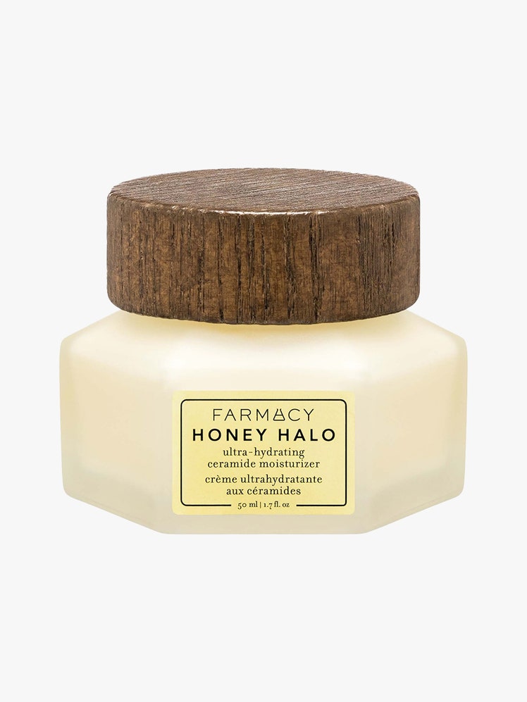 Farmacy Honey Halo Ultra-Hydrating Ceramide Moisturizer pale yellow octagon jar with wood cap on light gray background