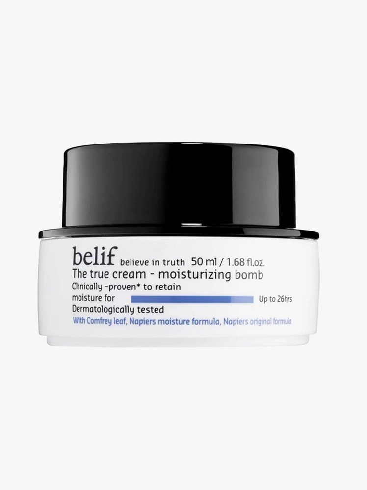 Belif The True Cream Moisturizing Bomb white tub with black cap on light gray background