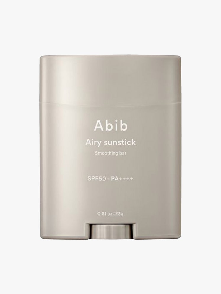 Abib Airy Sunstick Smoothing Bar SPF50 grey bar shaped container on light grey background