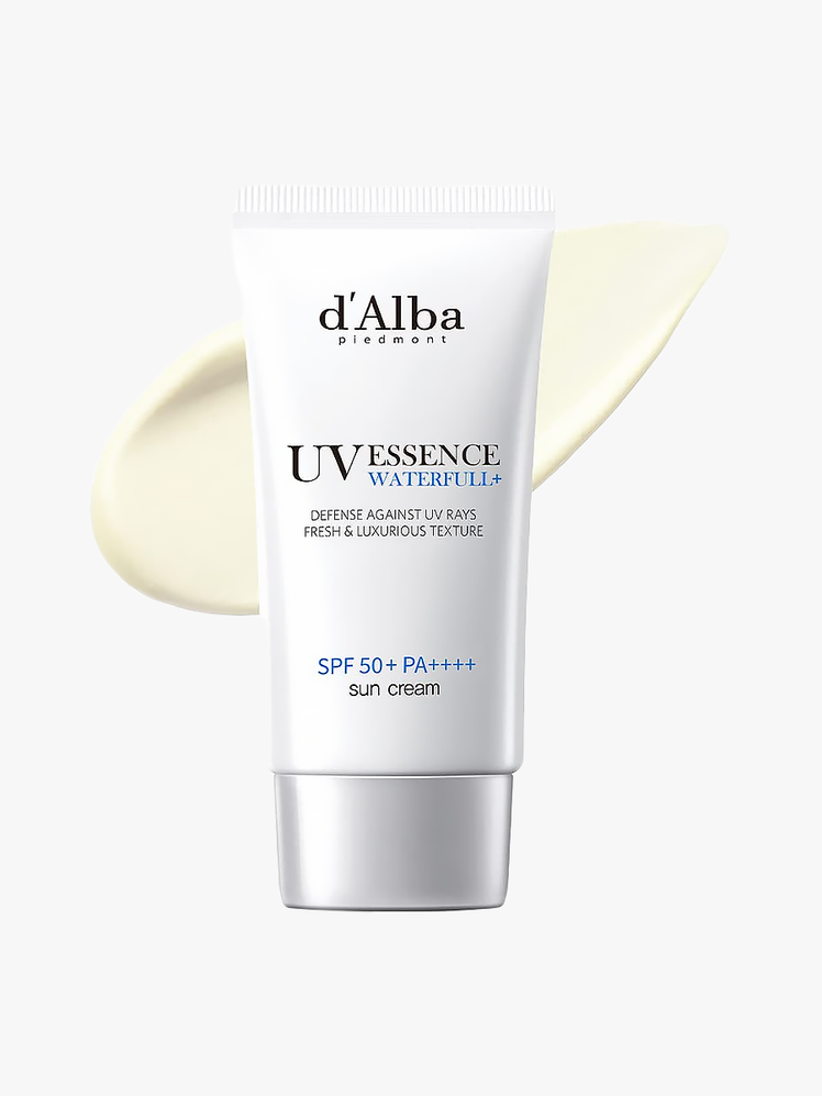 D'Alba Waterfull Essence Sun Cream in white tube with silver cap