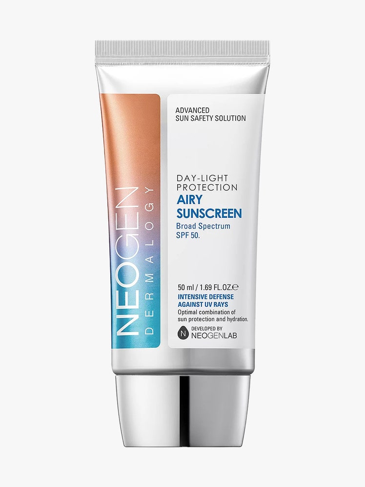 Neogen Day-Light Protection Airy Sunscreen flat silver tube of sunscreen on light gray background