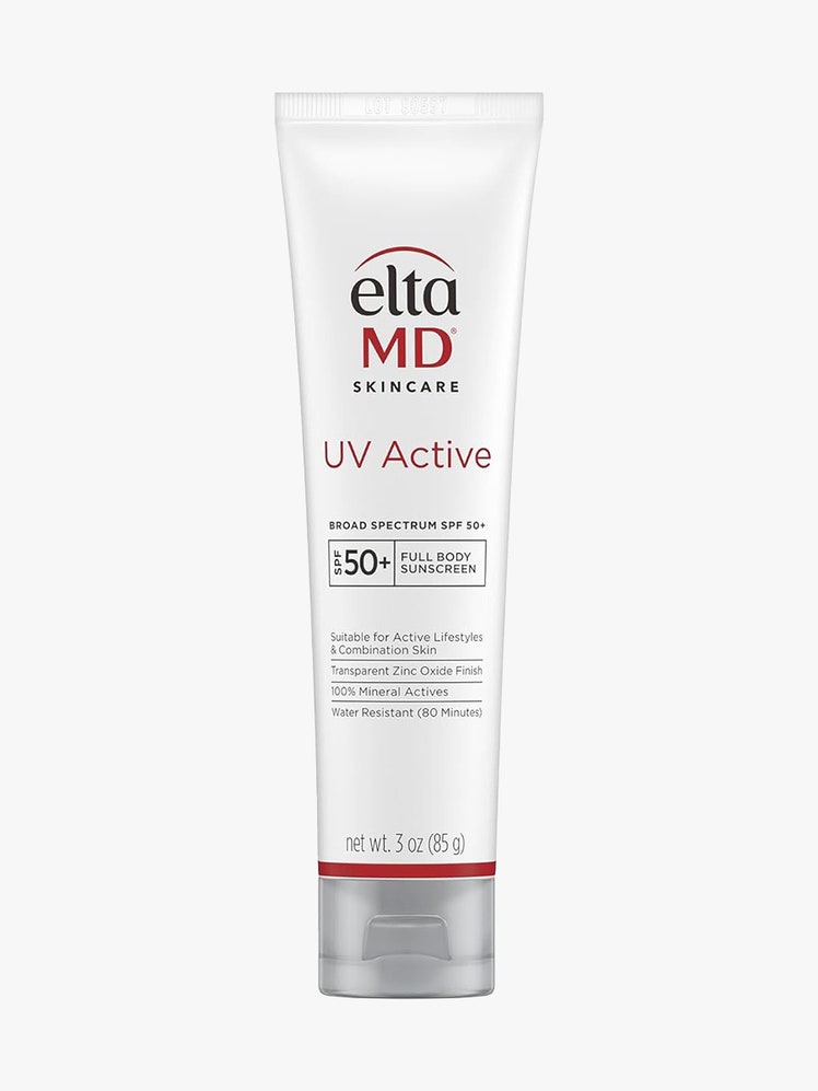 EltaMD UV Active Broad-Spectrum SPF 50+ white tube with gray cap on light gray background