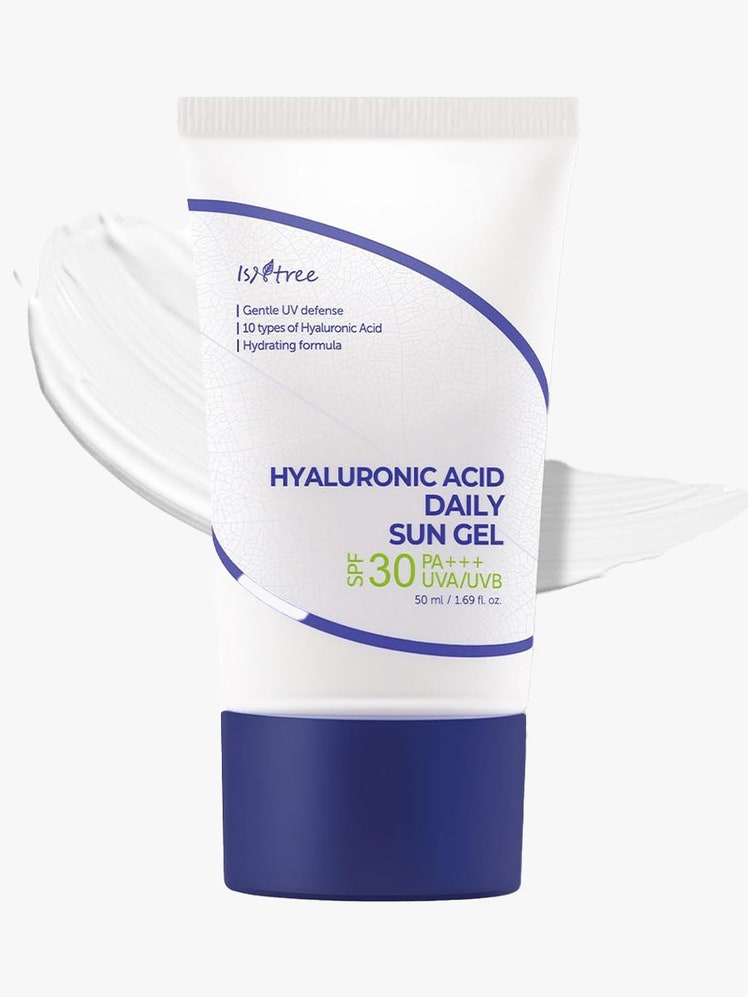 Isntree Hyaluronic Acid Daily Sun Gel SPF 30 PA+++ white tube with navy cap on light gray background