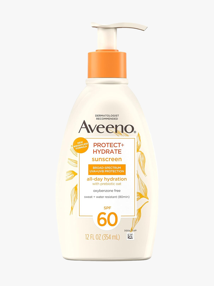 Aveeno Protect + Hydrate SPF 60 in soft yellow and orange bottle