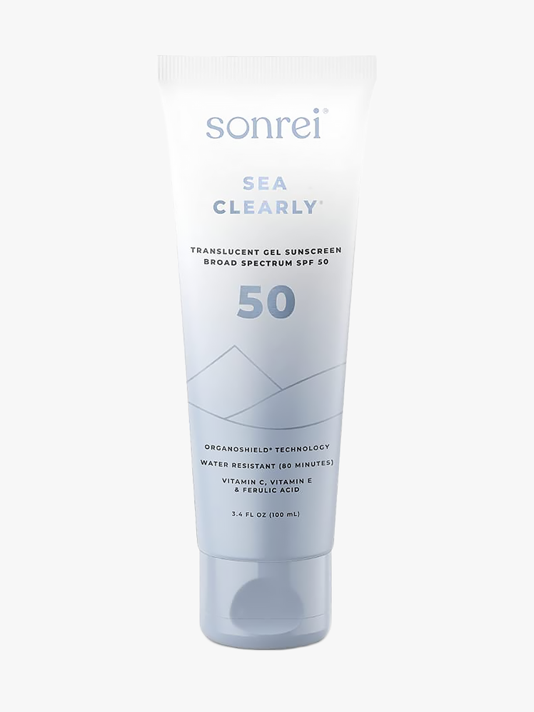 Sonrei Sea Clearly Gel Sunscreen SPF 50 in white and soft blue tube