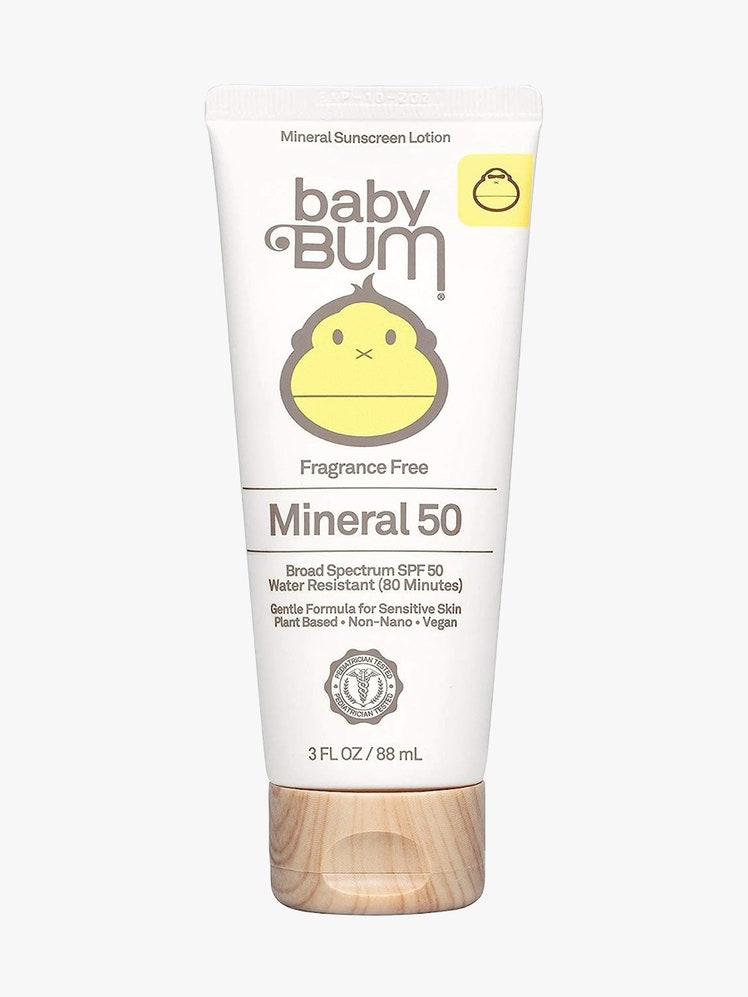 Sun Bum Baby Bum SPF 50 off white tube with wood cap on light gray background