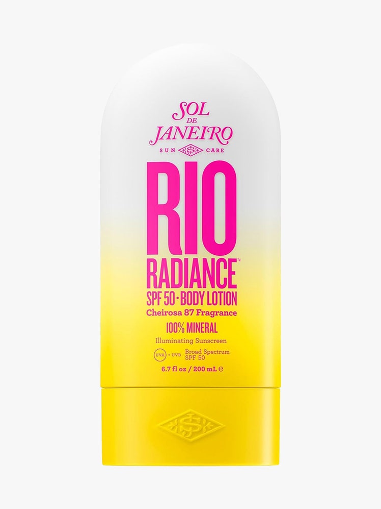 Sol de Janeiro Rio Radiance Body Lotion 100% Mineral SPF 50 white to yellow gradient bottle with pink text on light gray background