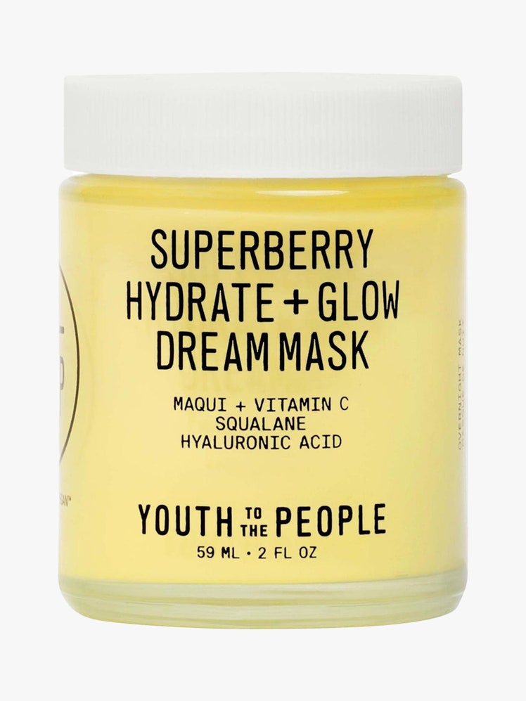 Youth To The People Superberry Hydrate + Glow Dream Mask with Vitamin C jar of yellow face mask with white lid on light gray background